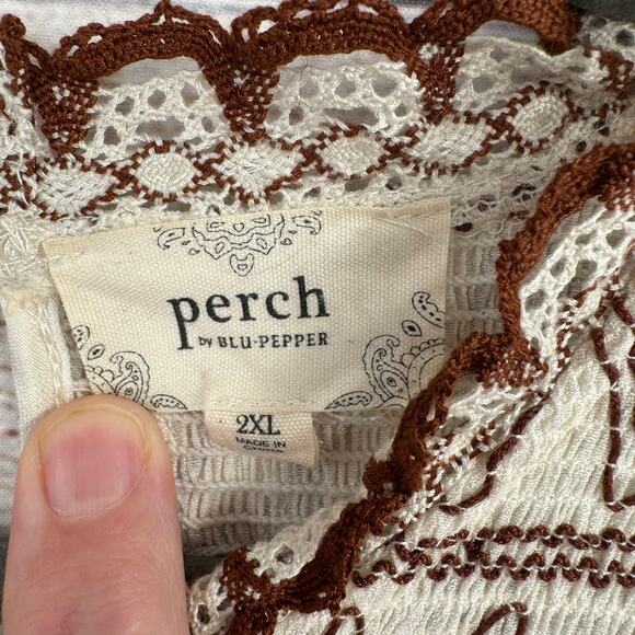 Perch by Blu Pepper Embroidered Blouse Womens 2XL Cream Brown Ruffles - Picture 8 of 13